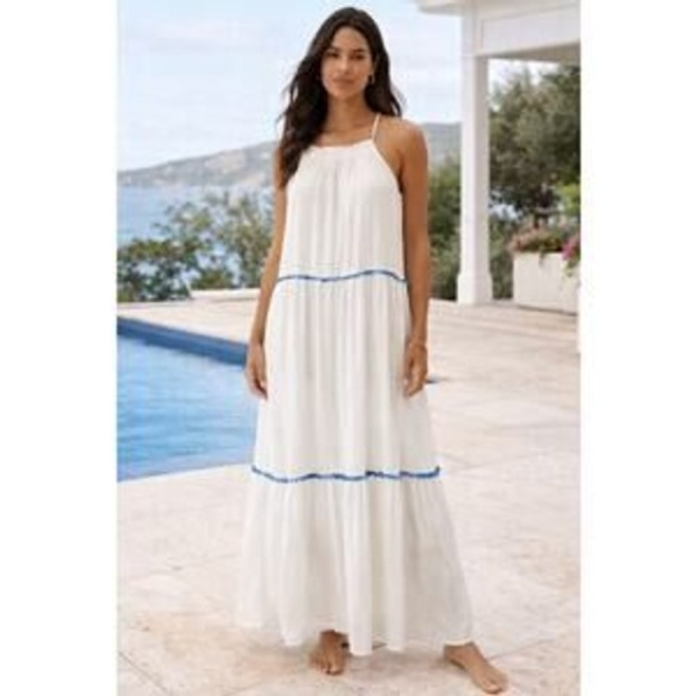 White Gauze Boho Summer Maxi Dress Beach Vacation Breezy Spaghetti Strap Size 8